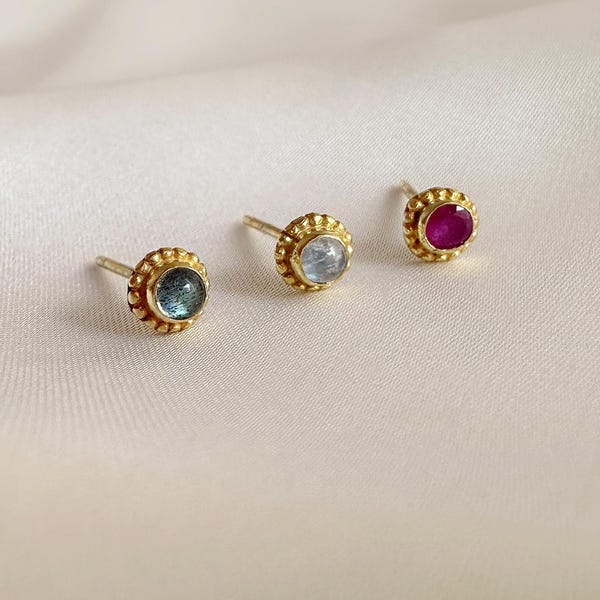 Boho Gemstone Studs, Gold Bohemian Round Stud Earrings with Moonstone, Labradorite or Ruby