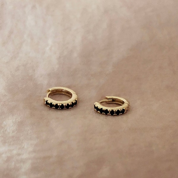 Small CZ Hoop Earrings, Gold & Black Dainty Boho Zircon Mini Hoops, Minimalist Delicate Hoops, Bohemian Ear Accessory