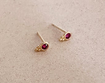 Magenta CZ Gold Stud Earrings, Dainty Purple Boho Zircon Simple Feminine Studs Earring, Everyday Pink Minimalist Bohemian Ear Accessory