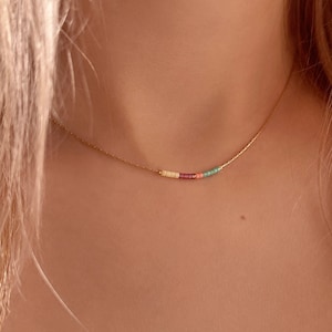 Feminine Gold Delicate Necklace, Boho Multicolor Beaded Pastel Minimalist Dainty Thin Layering Short Necklace, Understated Bohemian Jewelry