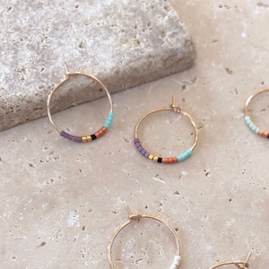 Minimalist Rose Gold Multicolor Hoop Earrings, Elegant Dainty Gift for Her, Delicate Beaded Thin Earrings, Boho Minimal Pink Gold Hoops image 1