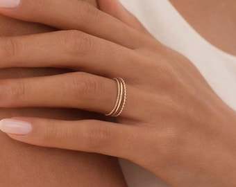 Triple Dainty Gold Sparkly Ring, 18k Goldplated Set of 3 Stackable Simple Delicate Rings for Her, Multi Ring Stacking Gift
