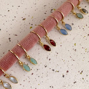 Gemstone Charm Hoops, Gold Birthstone Charm Hoop Earrings, Moonstone Amazonite Smoky Quartz 18k Goldplated Boho Gem Jewelry Gift for Her