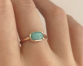 Gold Amazonite Gemstone Ring, Green Stone Simple Boho Ring, Boho Summer Jewelry Elegant Gift for Her