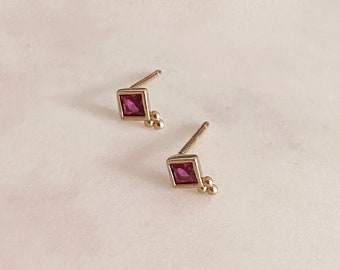 Boho Gold CZ Magenta Stud Earrings, Bohemian Teardrop Zircon Crystal Studs Earring, Minimalist Ear Accessory