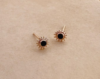 Gold Sun Black Stone Boho Stud Earrings, Dainty Bohemian Enamel Studs, Bohemian Summer Jewelry