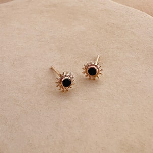 Gold Sun Black Stone Boho Stud Earrings, Dainty Bohemian Enamel Studs, Bohemian Summer Jewelry image 1