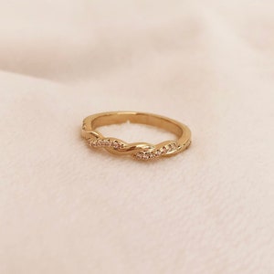 Elegant Dainty Gold Braid CZ Ring, Paved Boho Feminine Stacking Ring Gift for Her, Minimalist Formal Everyday Gold Plated Ring