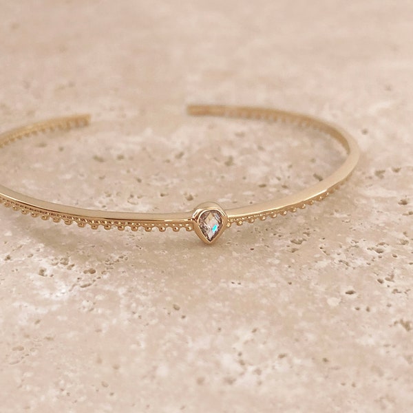 Gold Boho Cuff with CZ Stone, Textured Zircon Crystal Bracelet, Bohemian Elegant Bangle Layering Cuff