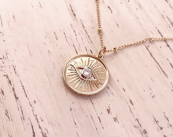 All Seeing Eye Gold Medal Necklace, Minimalist Boho Layering Disc Necklace, Spiritual Bohemian Summer Necklace