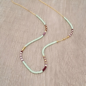 Dainty Gold Beaded Multicolor Necklace, 24k Goldplated Mint Green Minimalist Layering Chain Necklace, Colorful Boho Summer Necklace