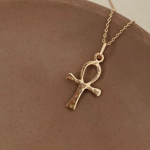 Ankh Cross Gold Egyptian Charm Necklace, Engraved Ancient Mystical Symbol Necklace, Dainty Layering Boho Charm Necklace