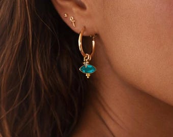 Aros con dijes de piedras preciosas, pendientes de aro con piedra natal de oro, turmalina de piedra lunar, cuarzo ahumado, labradorita, joyería bohemia, regalo para ella