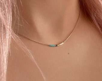 Minimalist Gold Delicate Boho Necklace with Tiny Beads, Thin Layering Beaded Necklace, Colorful & Simple Everyday Jewelry Gift for Her