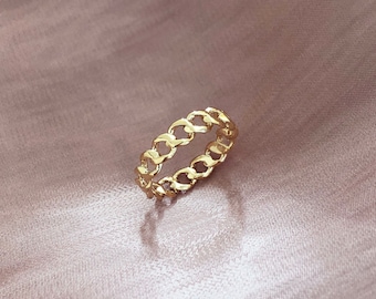 Gold Curb Chain Ring, Retro Minimalist Chain Link Ring, Elegant Gift for Her, Everyday Simple Goldplated Band Ring