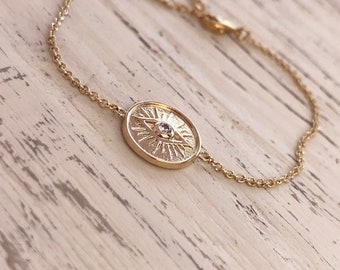 Dainty Evil Eye CZ Gold Medal Bracelet, Boho Zircon Coin Bracelet, Pretty Bohemian Gift for Her