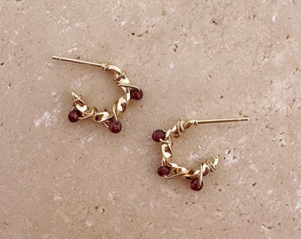 Gold Garnet Hoop Earrings, Gemstone Beaded Boho Elegant Dainty Gift for Her, Delicate Dark Red Stone Hoops