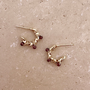 Gold Garnet Hoop Earrings, Gemstone Beaded Boho Elegant Dainty Gift for Her, Delicate Dark Red Stone Hoops