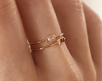 Thin Dainty Gold Ring with Tiny Crystal, Sparkly Simple Delicate Ring for Her, Pink Stone Minimalist Elegant Gift for Her