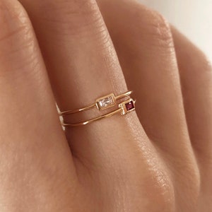 Thin Dainty Gold Baguette Ring with Tiny Crystal, Sparkly Simple Delicate Ring for Her, Pink Stone Minimalist Elegant Gift for Her image 1