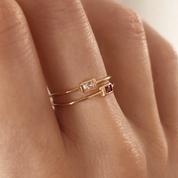 Thin Dainty Gold Baguette Ring with Tiny Crystal, Sparkly Simple Delicate Ring for Her, Pink Stone Minimalist Elegant Gift for Her