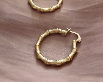 Gold Bamboo Hoops, Retro Boho Round Hoop Earrings for Everyday, Gold Plated Classic Circular Earring Gift for Her