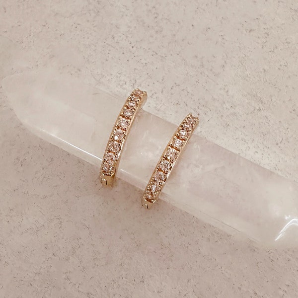 CZ Huggie Hoops, Sparkly Small Hoop Earrings with Zircon Crystals, Boho Zirconia Huggers, Trendy Minimalist Gift for Her