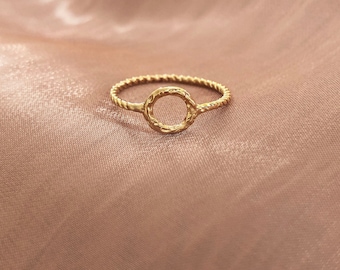 Textured Gold Circle Ring, Boho Geometric Elegant Ring Gift for Her, Simple Feminine & Minimalist Everyday Gold Plated Ring