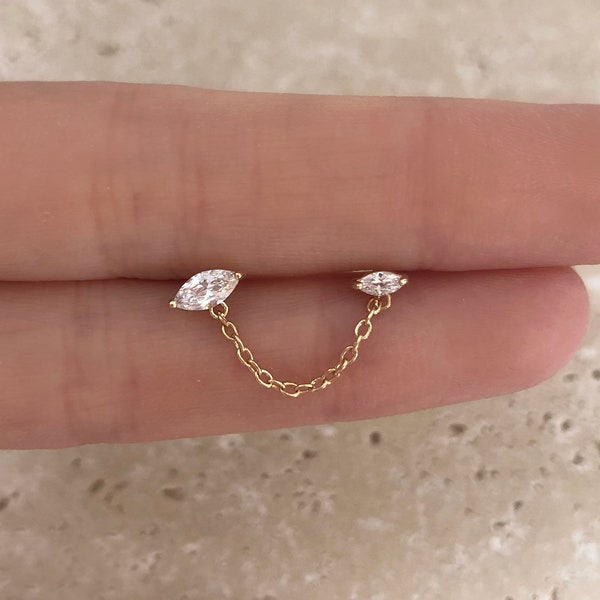 Gold Double CZ Chain Stud Earrings, Dainty Cristal Boho Elegant Zircon Earring, Minimalist Feminine Ear Accessory