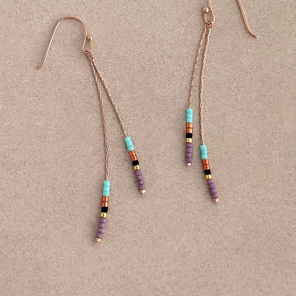 Roségouden minimalistische kettingoorbellen, 24-karaats vergulde veelkleurige kralen elegante sierlijke sieraden cadeau, delicate boho-hangoorbellen