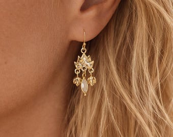 Moonstone Lotus Earrings, Gold Gemstone Jewelry Gift, June Birthstone Boho Dangle Earrings