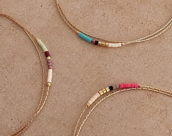 Minimalist Delicate Gold Bracelet with Turquoise, Pink or Mint Beads, Thin Beaded Double Bracelet, Multicolor Boho Friendship Jewelry