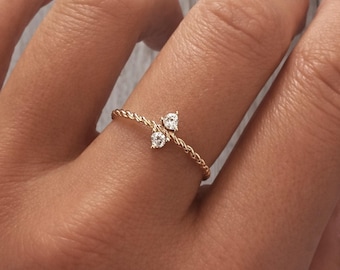 Dainty Gold Charm Ring, 18k Goldplated Twisted Ring Double CZ Boho Elegant Gift, Feminine & Minimalist