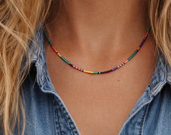 Gold Dainty Boho Beaded Multicolor Necklace, 24k Goldplated Green Yellow Purple Minimalist Chain Layering Necklace, Colorful Summer Jewelry