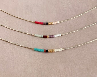 Minimalist Gold Delicate Necklace with Tiny Beads, Dainty Thin Short Layering Necklace, Colorful & Simple Beaded Boho Gift for Her