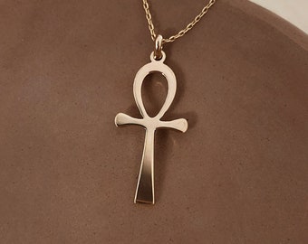 Large Ankh Cross Gold Egyptian Charm Necklace, Hieroglyph Symbol Necklace, Layering Boho Charm Necklace