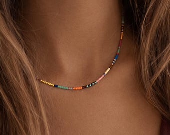Dainty Minimalist Beaded Multicolor Gold Necklace, 24k Goldplated Boho Layering Chain Necklace, Colorful Bohemian Summer Festival Jewelry