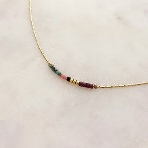 Minimalist Boho Gold Necklace with Tiny Beads, Dainty Thin Short Layering Necklace, Colorful Delicate Boho Jewelry Gift for Women