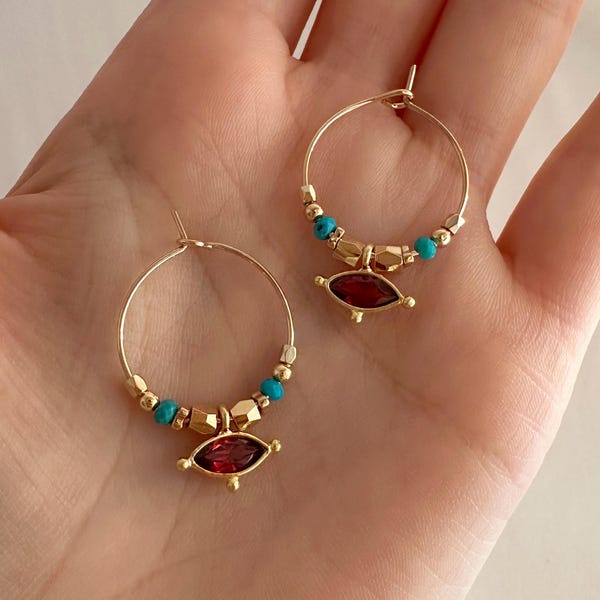 Garnet Charm Hoops, Gold Turquoise Red Gemstone Hoop Earrings, Boho January Birthstone Gem Accessory