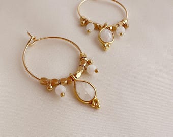 Aros bohemios con dije de piedra lunar, pendientes de lágrima con gema dorada, accesorio bohemio con gema blanca de nacimiento de junio chapada en oro de 18 quilates, regalo de joyería para ella