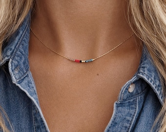 Thin Gold Beaded Chain, Boho Minimalist Dainty Layering Short Necklace, Delicate Tiny Beads Colorful Bohemian Cute Jewelry Gift for Her