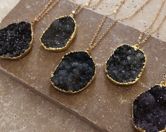 Black Druzy Agate Necklace, Beautiful Gold Boho Dark Drusy Gemstone Necklace, Sparkly Dark Raw Stone Pendant Necklace