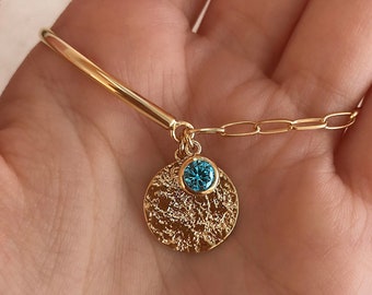 Turquoise Crystal & Medal Chain Link Bracelet, Half Cuff Gold CZ Charm Bracelet, Boho Summer Jewelry, Pretty Gift for Teen Girl