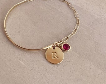 Gold Initial Medal Chain Bracelet with Pink Zircon, Personalized CZ Crystal Cuff Boho Letter Charm, Customized Jewelry Gift for Her