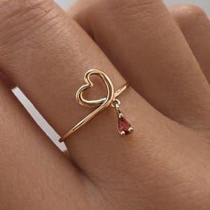 Gold CZ Heart Dangle Ring, Boho Pink Charm Crystal, Romantic Gift for Her, Minimalist 18k Goldplated Jewelry