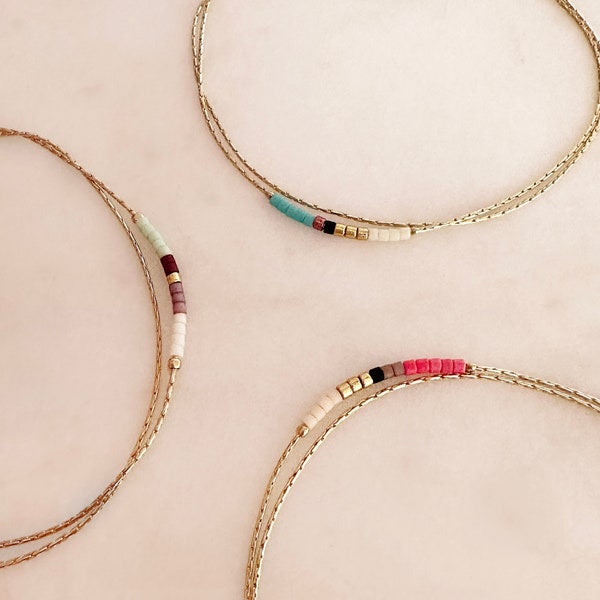Minimalist Delicate Gold Bracelet with Turquoise, Pink or Mint Beads, Thin Beaded Double Bracelet, Multicolor Boho Friendship Bracelet