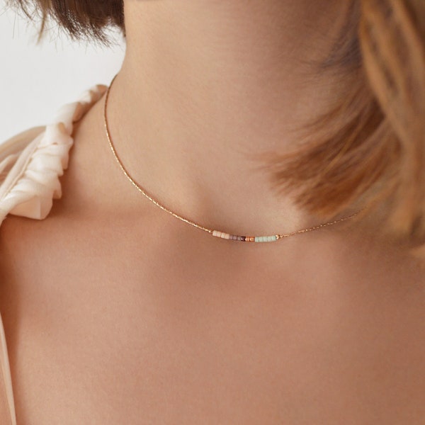 Minimal Rose Gold Delicate Beaded Layering Necklace, Thin Boho Colorful Jewelry, Multicolor Simple Dainty Minimalist Layered Necklace