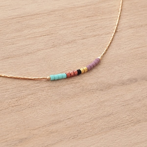 Dainty Beaded Rose Gold Chain Necklace,  Delicate Short Minimalist Jewelry, Colorful Simple Boho Necklace Elegant Gift for Her