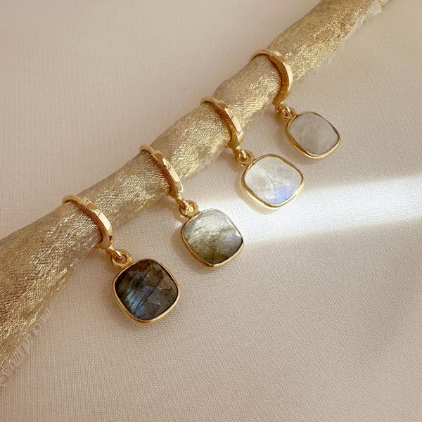 Gold Gemstone Charm Hoops, Moonstone or Labradorite Birthstone Hoop Earrings, 18k Goldplated Bohemian Jewelry Gift