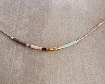 Rose Gold Dainty Chain Necklace, Mint Minimalist Delicate Multicolor Tiny Bead Necklace, Thin Layering Boho Gift for Her